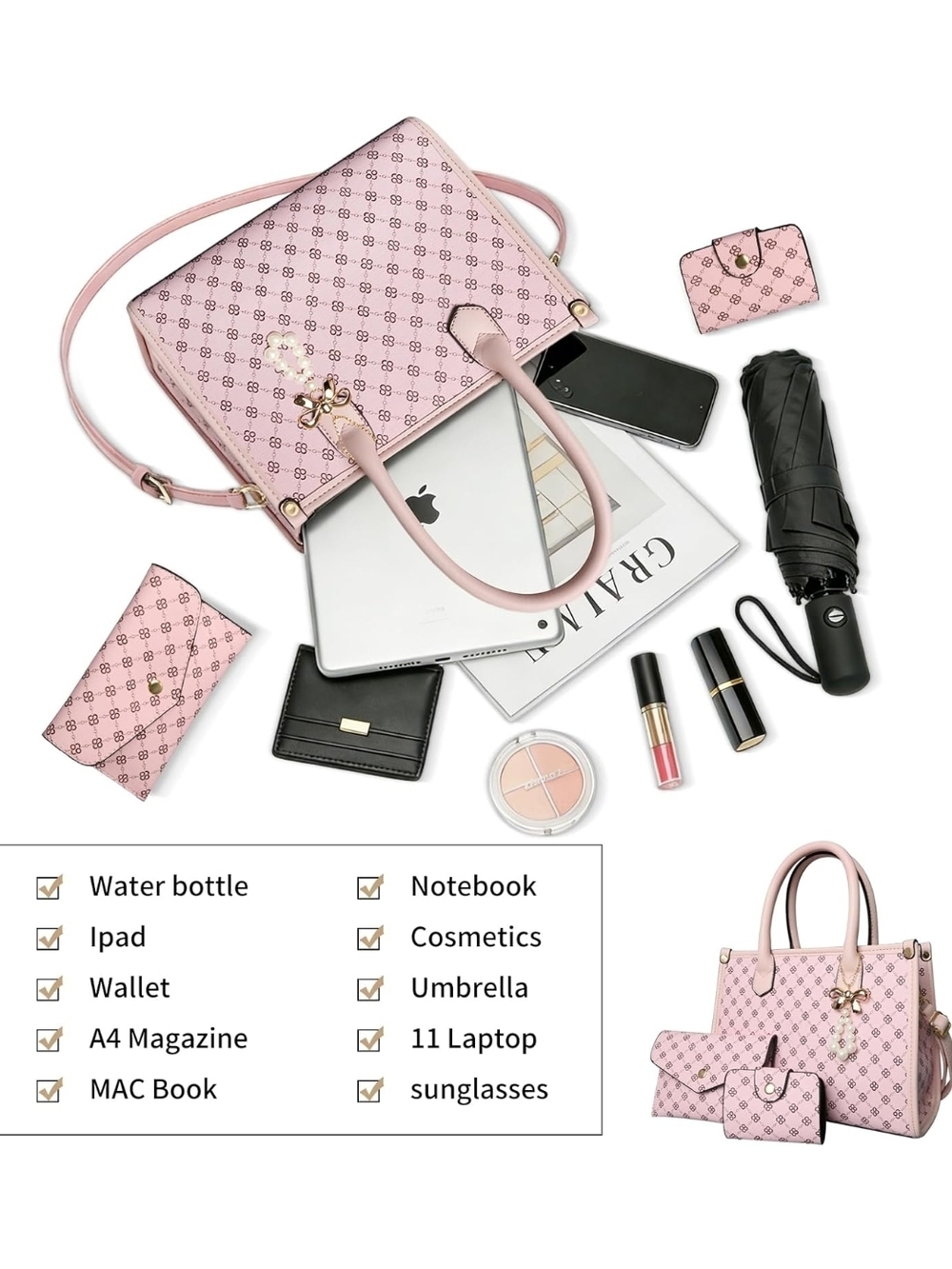 Pink Patterned Women's Satchel Handbag Set - Picture 2 of 8